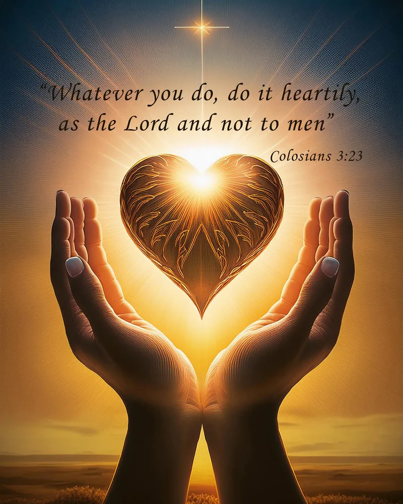 Hands holding a glowing heart below a cross, with Colossians 3:23: Whatever you do, do it heartily, as the Lord and not to men.